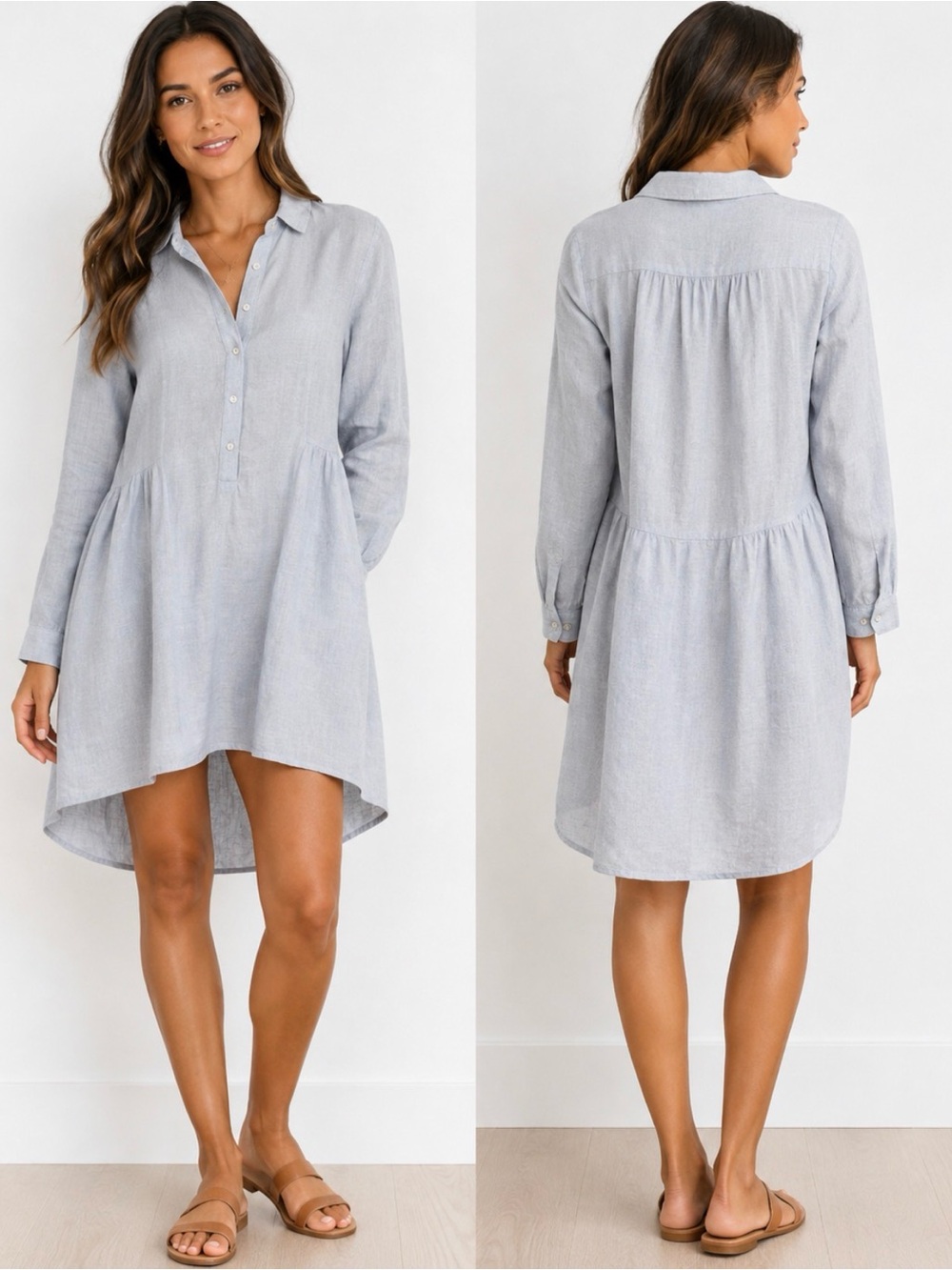 Halston 100% Linen Light Blue High-Low Tunic Dress SZ L Coastal Beach Boho Chic